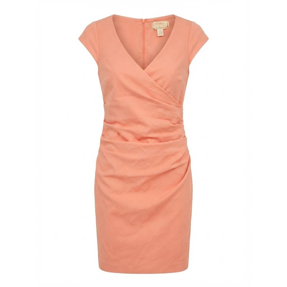 Atelier Nicole Miller, Dress, Size 6, Peach, V-Neck Ruched Sheath Sophisticated